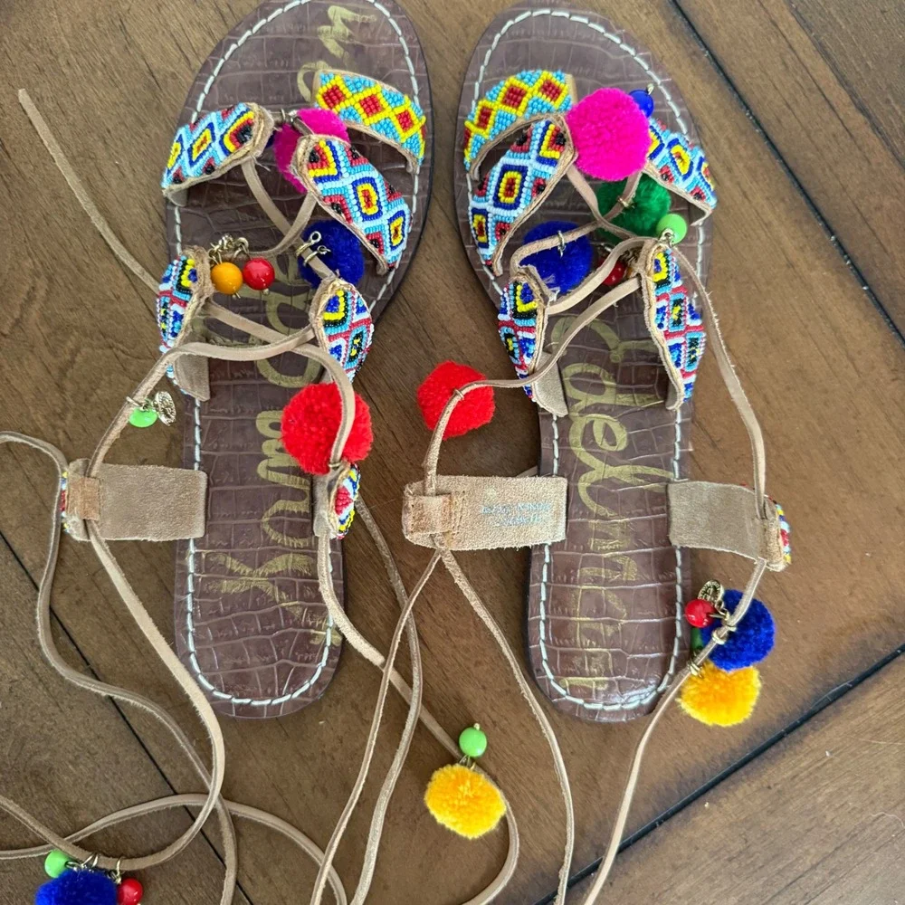 Sam‎ Edelman Lisabeth 9 Lace Up Beaded PomPom Colorful Summer Spring Sandals